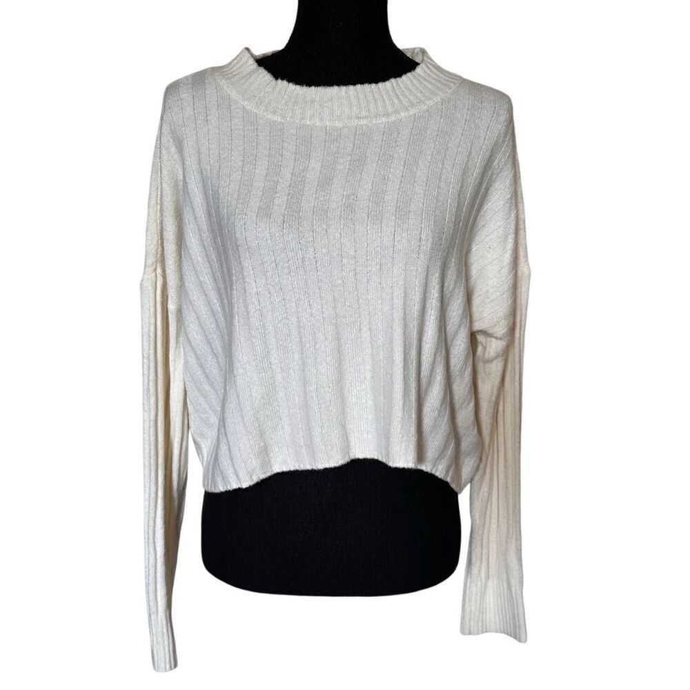 American Eagle Cream Mock Neck Knit Ribbed Cropped Sweater Sz Small